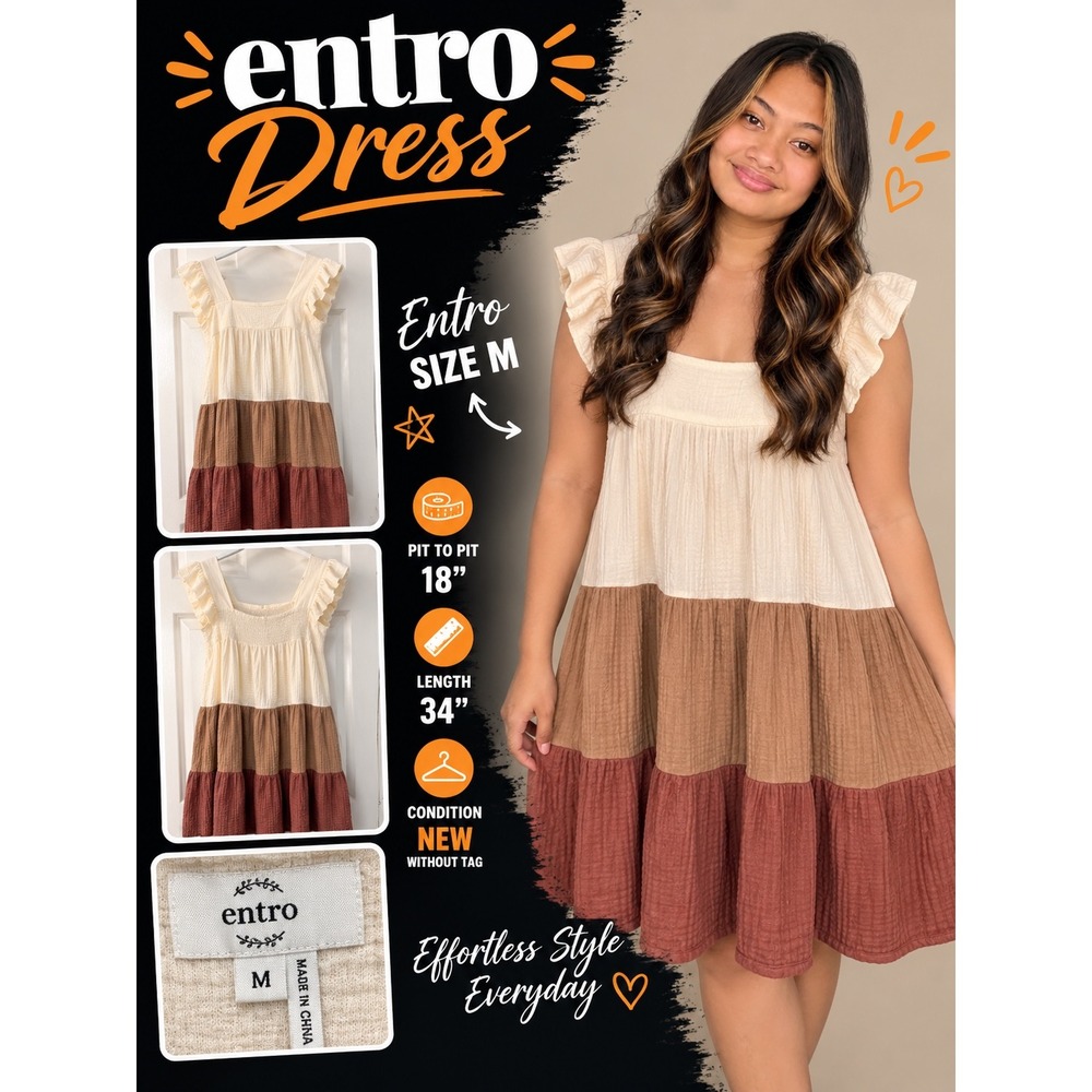 Entro Women Colorblock Cotton Gauze Ruffle Tiered Mini Dress Cream Rust M D16382